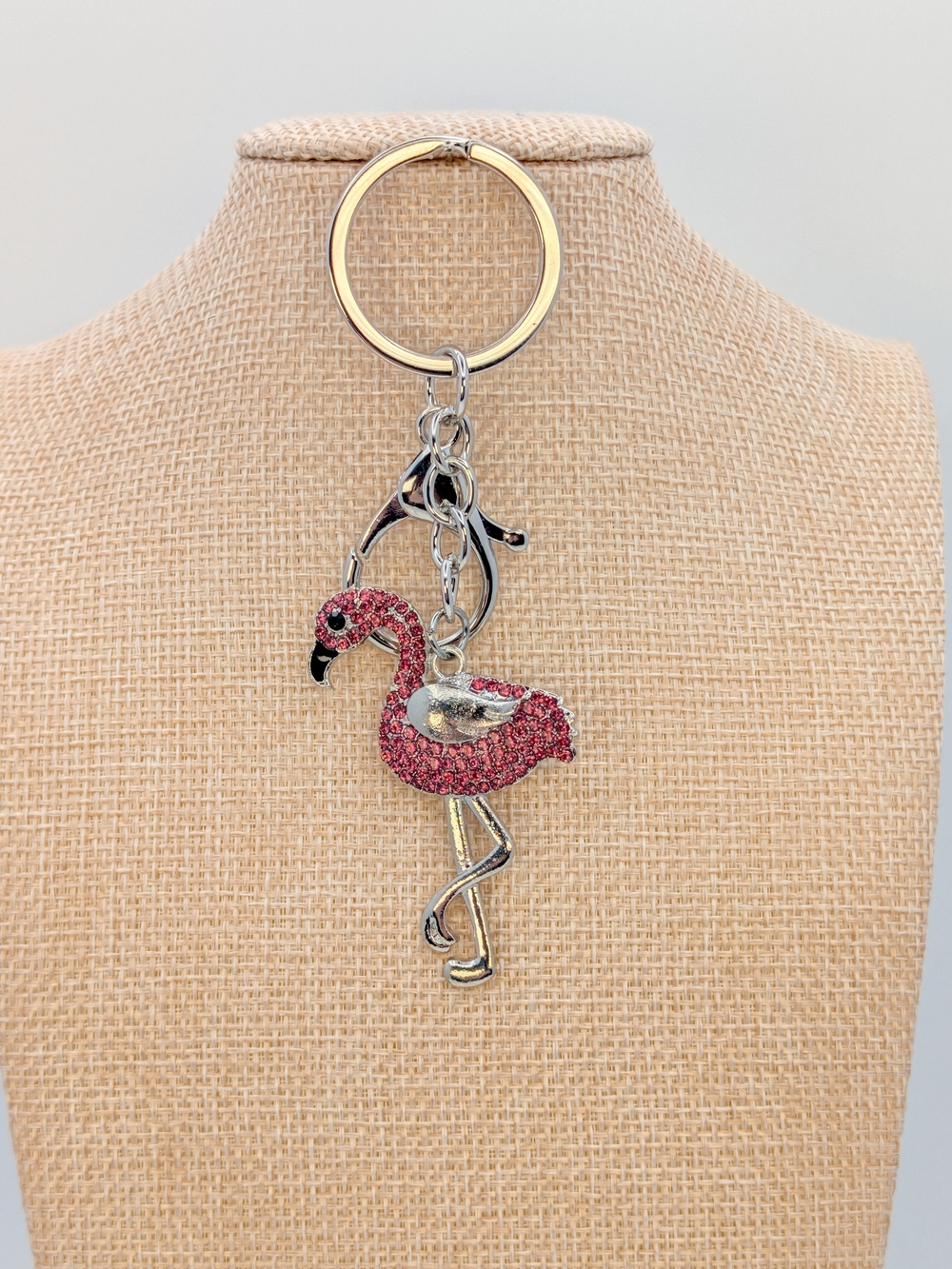 Pink Rhinestone Metal Flamingo Keychain Bag Charm